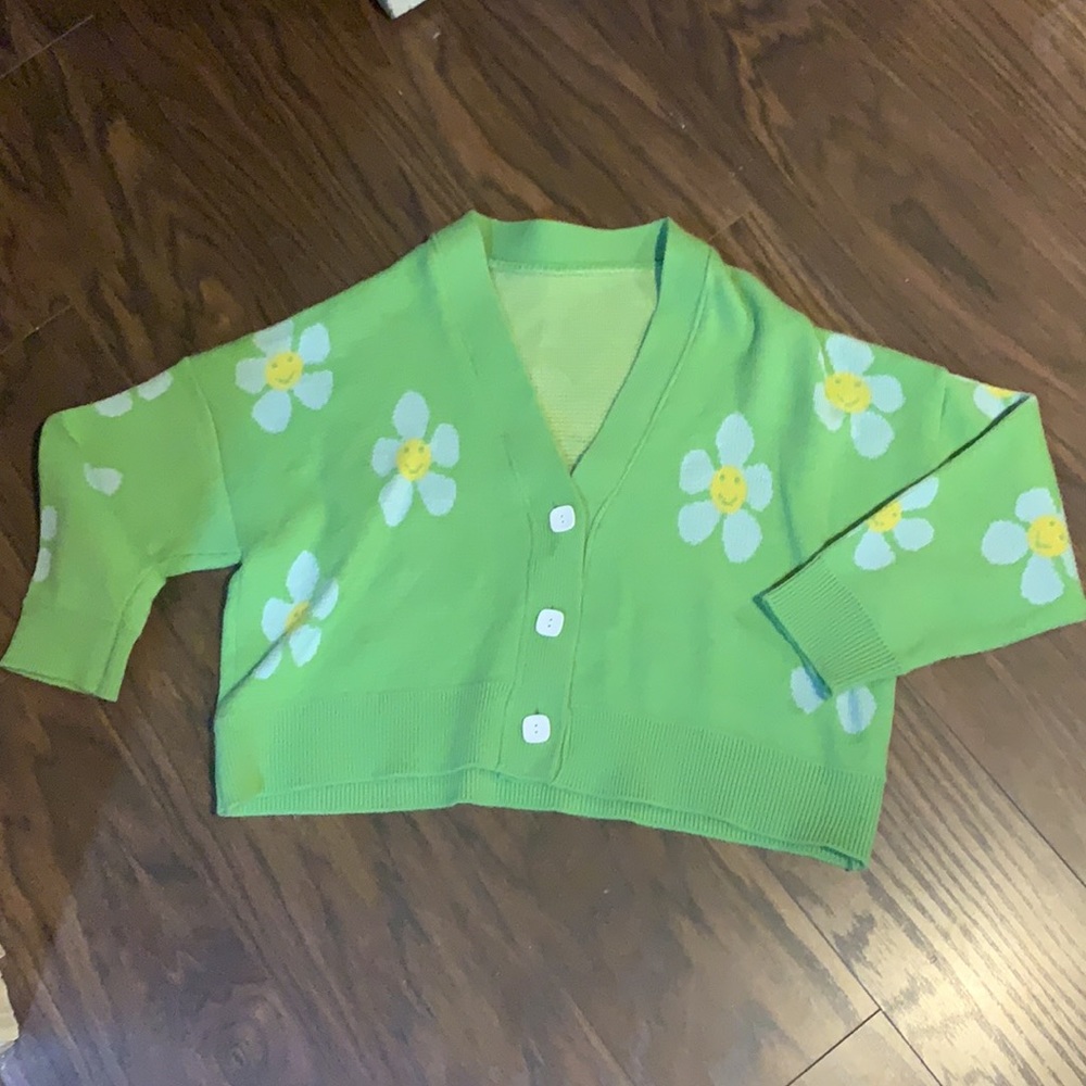 Lime Green Daisy Crop Cardigan